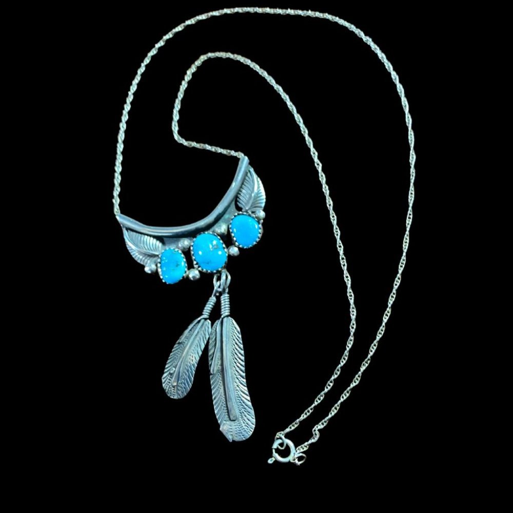 Vintage Navajo Handmade Turquoise & Sterling Silver Feather Necklace NWOT